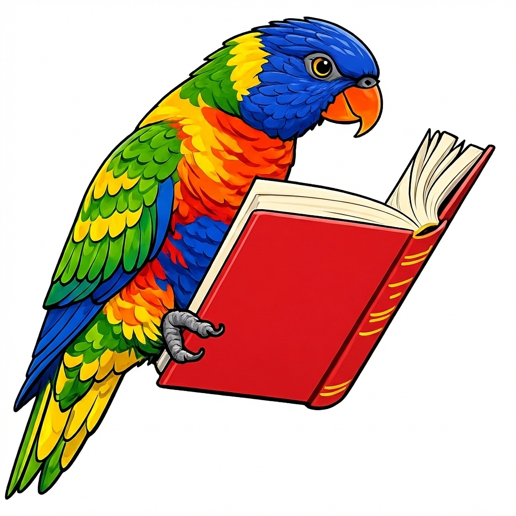 A beautifully colored parrot standing on a vintage open book